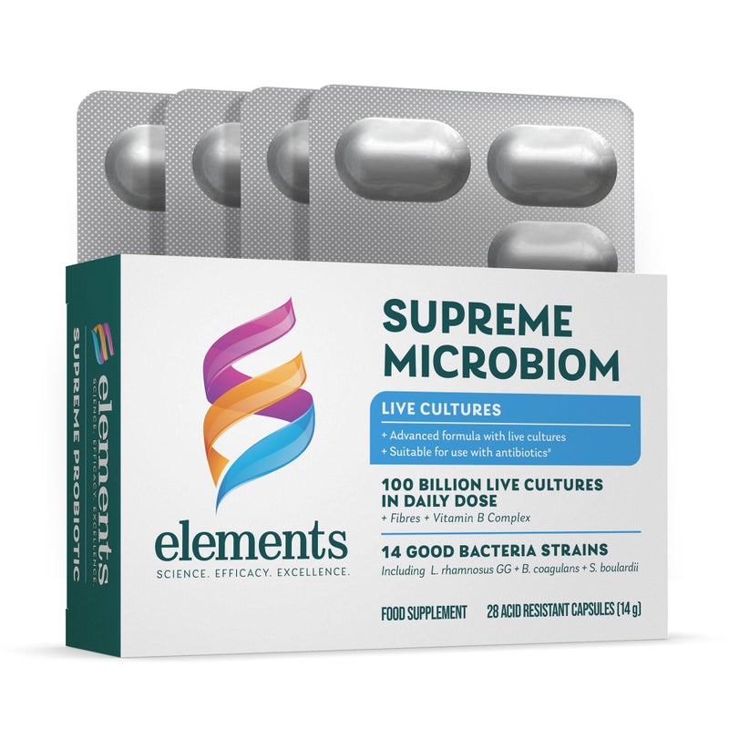 Elements Supreme Microbiom - Probiotic Supplement with 14 Bacteria strains -100 Billion CFU with Fibres, Vitamin B Complex for Health Support, no GMO, Gluten Free, 28 Gastro-Resistant Capsules